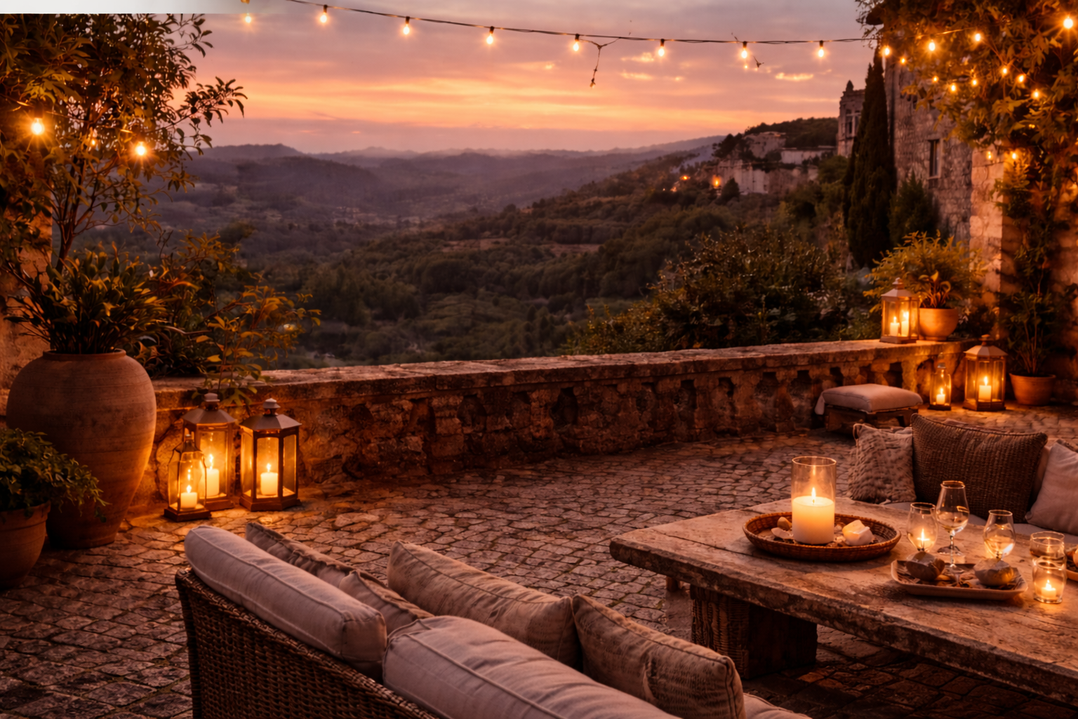 Candlelit terrace at dusk